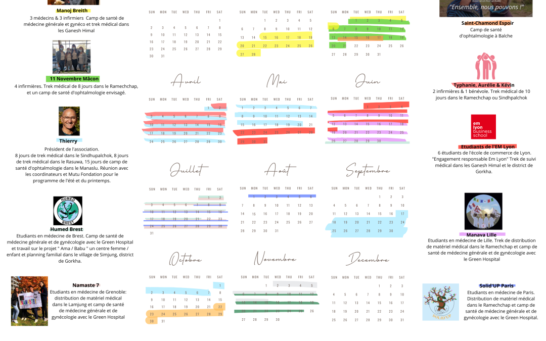 Planning 2022 des actions de l&rsquo;association Manoj (départs pour le Népal)